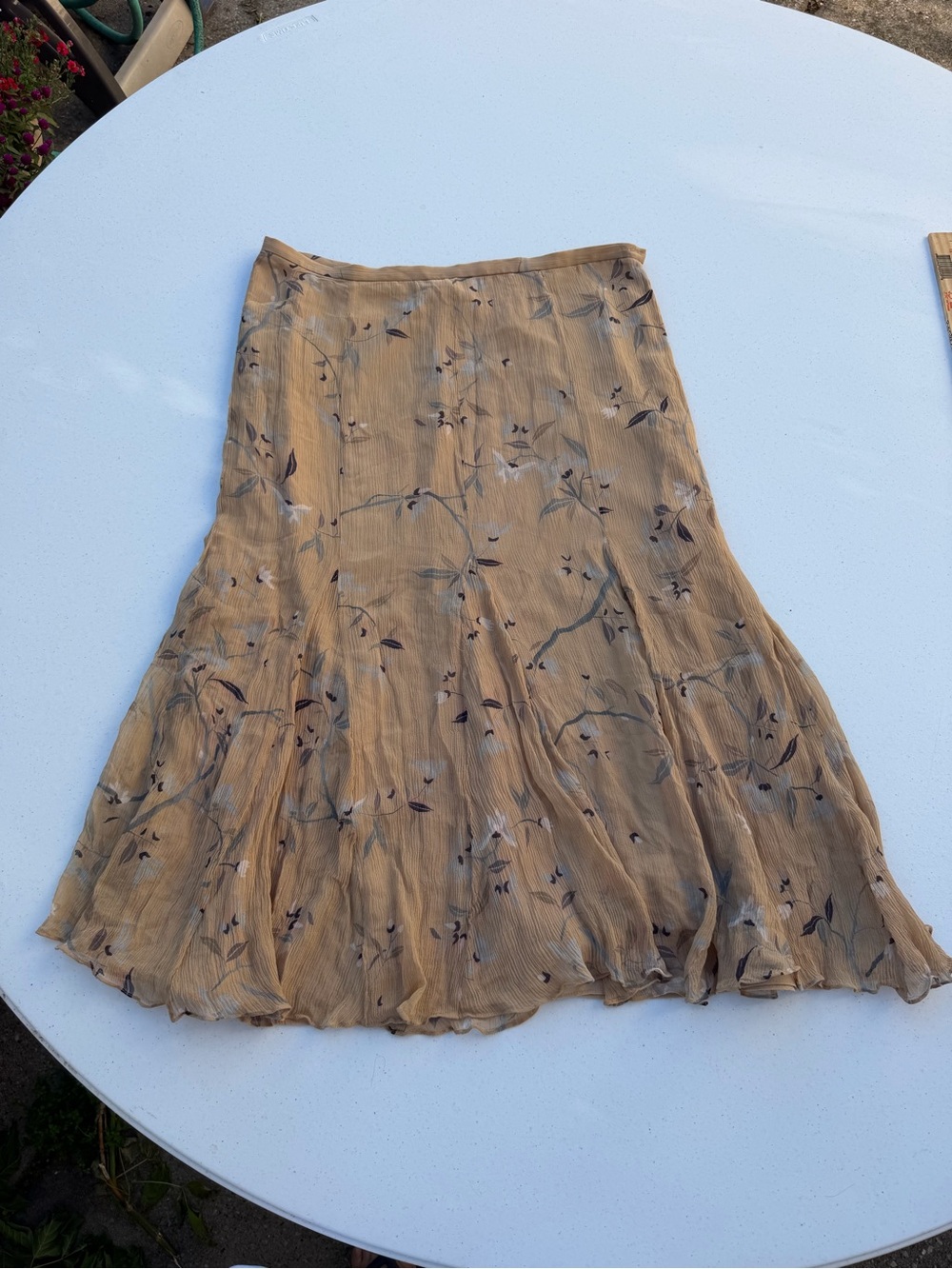 Women's Floral A-Line SILK Skirt in Tan